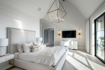 Contemporary white master bedroom with high ceilings, a geometric light fixture, and a wall-mounted television.