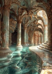 ornate underground hall with water