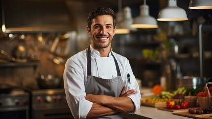 Portrait of a happy chef standing in a commercial kitchen