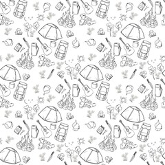 Seamless pattern set of hand drawn camping design elements. Black and white drawing in doodle style. White background.
