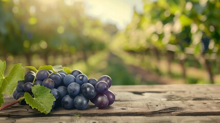 Ripe grapes on wooden table in vineyard. Toned image. Generative AI.