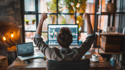 Successful Stock Market Day Trader Analyzing Real-Time Investment Charts on Multi-Monitor Workstation. Trader and business concept