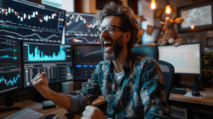 Successful Stock Market Day Trader Analyzing Real-Time Investment Charts on Multi-Monitor Workstation. Trader and business concept