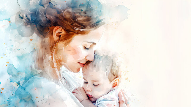 Little child hugging her mother sleeping, digital watercolor painting.