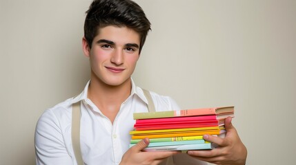 Chin raised, holding a stack of books in hand with a smile on his face