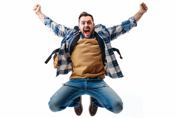 Excited Man Jumping in Joy Against White Background