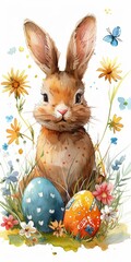 Cute bunny rabbit with Easter eggs in watercolor style