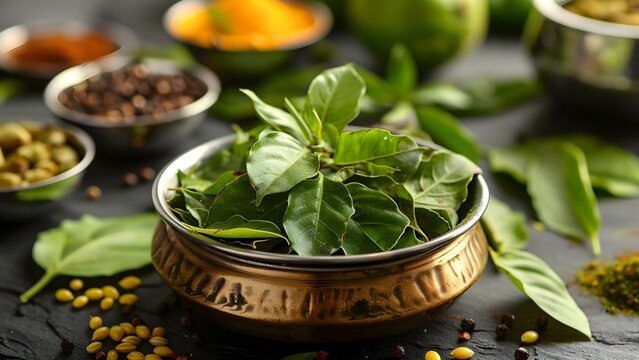 Curry leaves add an authentic aromatic flavor to South Indian cuisine. Concept South Indian cuisine, Aromatic flavor, Authentic ingredients