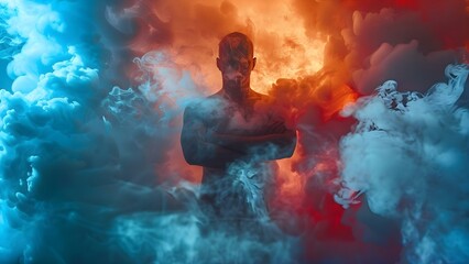 Man standing in smoke cloud arms crossed faceless symbolizing opioid addiction. Concept Drug Addiction Representation, Smoke Cloud, Symbolic Imagery, Substance Abuse Awareness, Visual Metaphor
