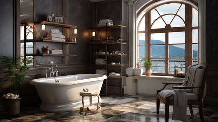 3d rendering of a bathroom interior with a large window overlooking a lake
