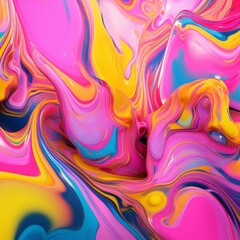Colorful abstract painting with vibrant swirls of pink, blue, and yellow