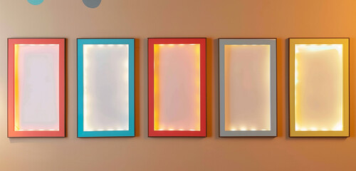 Five empty frames with colorful edges on a soft tan wall, each frame lit by eco-friendly LED lights
