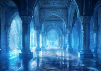 ornate hallway with marble floor and blue columns