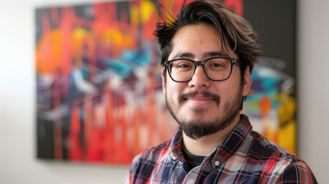 Portrait of a man against the background of a picture gallery. Museum worker