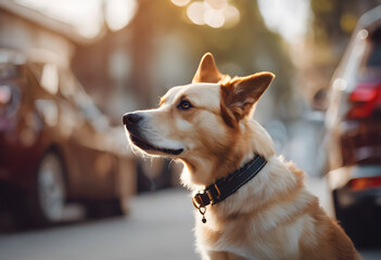 A golden dog with a black collar looks attentively to the side, with blurred cars and warm sunlight in the background. International Dog Day. - Powered by Adobe