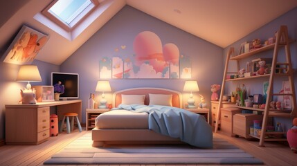 A cozy and colorful attic bedroom with a skylight, a bed, a desk, and a bookshelf