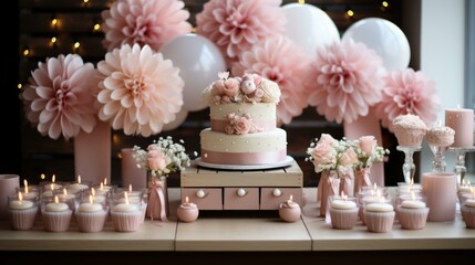 A beautifully decorated table with a cake, flowers, and candles.