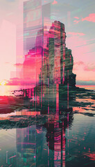 A glitch art piece featuring a deconstructed and reconstructed photograph, creating a surreal and dreamlike visual experience