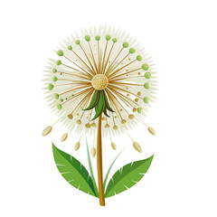 Summer dandelion flower with leaves and flying seeds on white background
