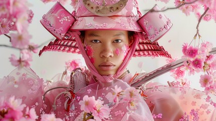 A young woman wearing a pink samurai helmet and a pink dress with cherry blossoms