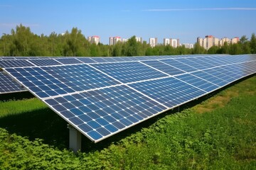 A large solar farm in a field with a city in the background
