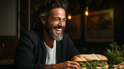 Bearded man eating a sandwich and laughing