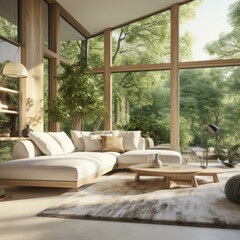 The minimalist living room is full of sunlight and greenery