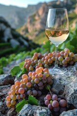 A glass of wine and grapes on a rock with mountains in the background, AI