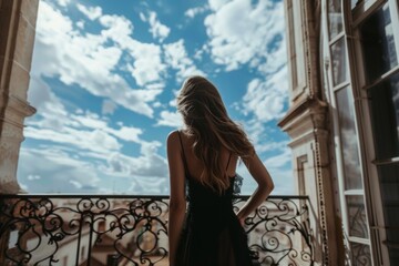 Fototapeta premium Woman Standing on Balcony Gazing at Sky