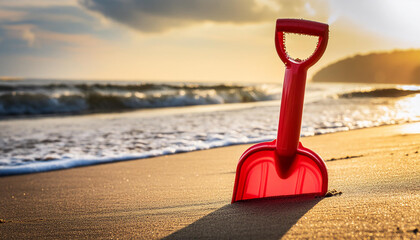 Close-up of red children plastic shovel. Toy sand scoop. Beach digger. Summer vacation.