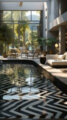 Black and white geometric patterned marble floor with large windows overlooking the tropical oasis outside