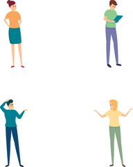 Thoughtful people icons set cartoon vector. Man and woman making decision. Problem solving, finding solution
