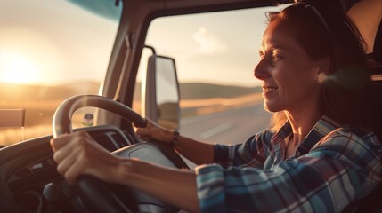 Woman Driving Through Sunset