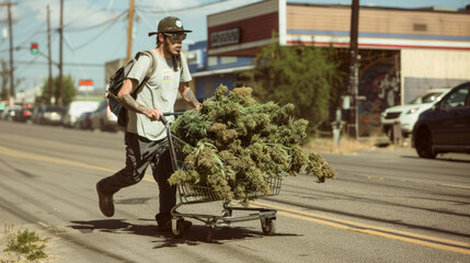 Man with shopping cart full of cannabis buds on the street