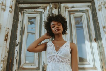 Fototapeta premium Woman in White Dress Standing in Front of Door