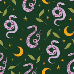 Mystical seamless pattern with snakes and leaves. Vector flat background