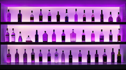 Violet bottles of alcohol in bar, restaurant or liquor store