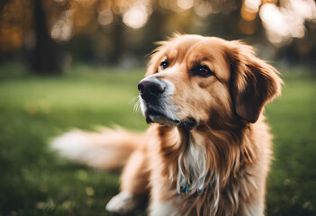 Golden retriever lying on grass in a park during sunset, looking away thoughtfully. International Dog Day.