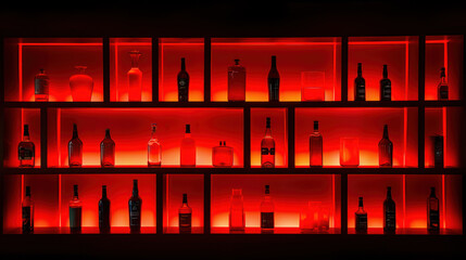 Red lit bottles of alcohol in bar, restaurant or liquor store
