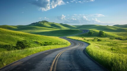 Scenic view of a winding road through green hills