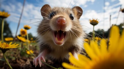 Obraz premium Close-up of a screaming hamster in a field of yellow flowers