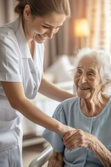 Obraz premium Smiling nurse holding hands with elderly woman