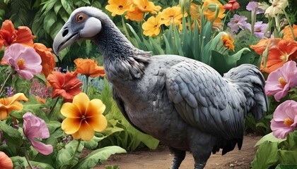Naklejka premium a dodo bird in a garden of giant flowers upscaled 4
