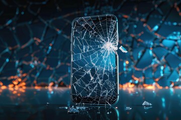 Broken Phone Screen A shattered phone screen with spiderweb cracks, symbolizing a valuable device damaged beyond repair