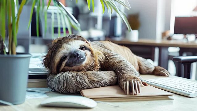 tired sloth sleeping at the table in the office. fatigue, laziness and slowness at work