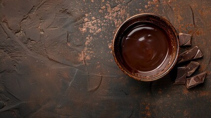 Bowl with tasty melted chocolate on table, copy space