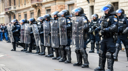 Naklejka premium Anti-riot police squad on the street