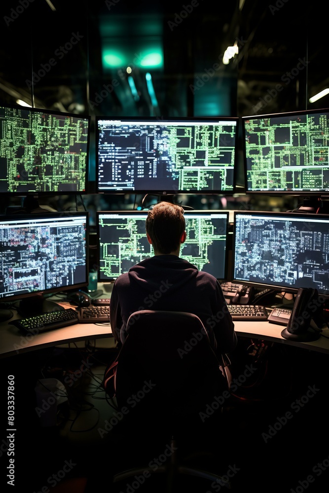 Aufkleber a hacker sits in front of a bank of computer screens