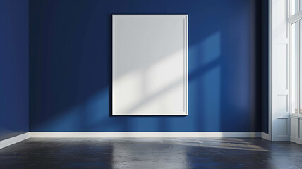 Modern art gallery featuring a single large white frame on a deep blue wall, perfect for minimalist...