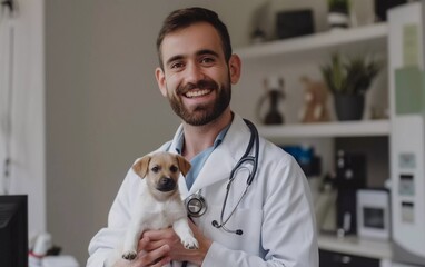 Portrait of smiling veterinarian holding puppy. Handsome veterinarian wearing stethoscope holding small dog